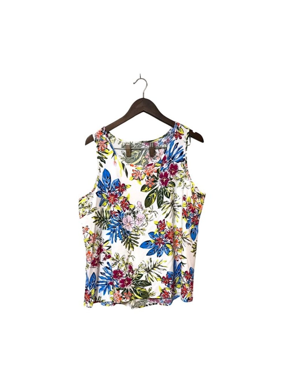 Floral Sleeveless White Tank Top With Tropical Print Cruise vacay resort‎ summer